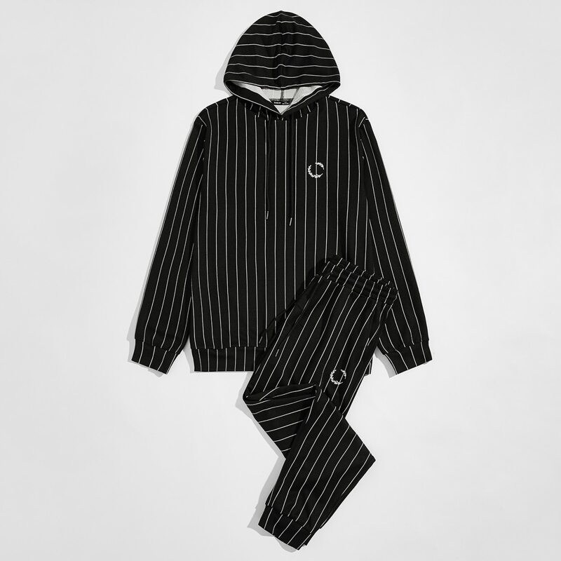 

Guys Graphic Print Striped Drawstring Hoodie & Pants Set, Black