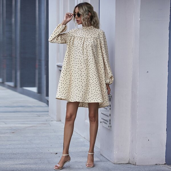 

Tie Back Bishop Sleeve Polka Dot Babydoll Dress, Apricot