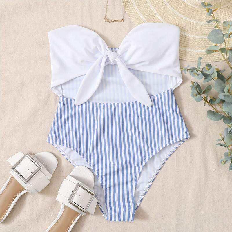 

Striped Cut-out Knot Front One Piece Swimsuit, Blue and white