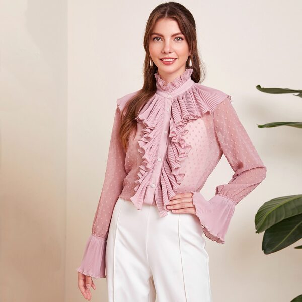 

Jabot Collar Flounce Sleeve Swiss Dot Chiffon Blouse, Dusty pink