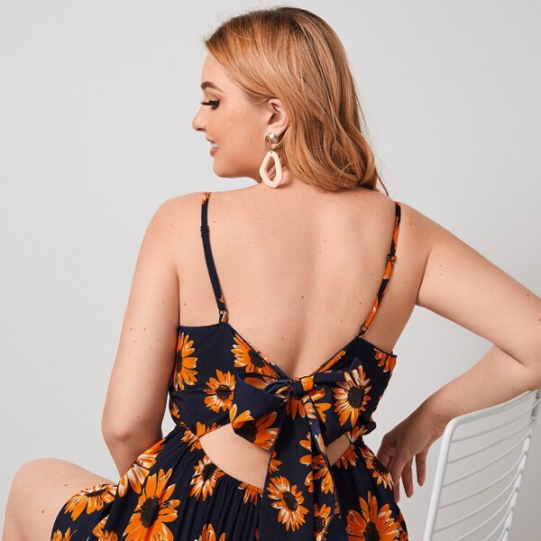 

Plus Sunflower Print Tied Open Back Cami Romper, Multicolor