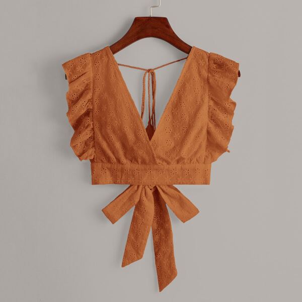 

Plunging Neck Tie Backless Schiffy Crop Top, Ginger