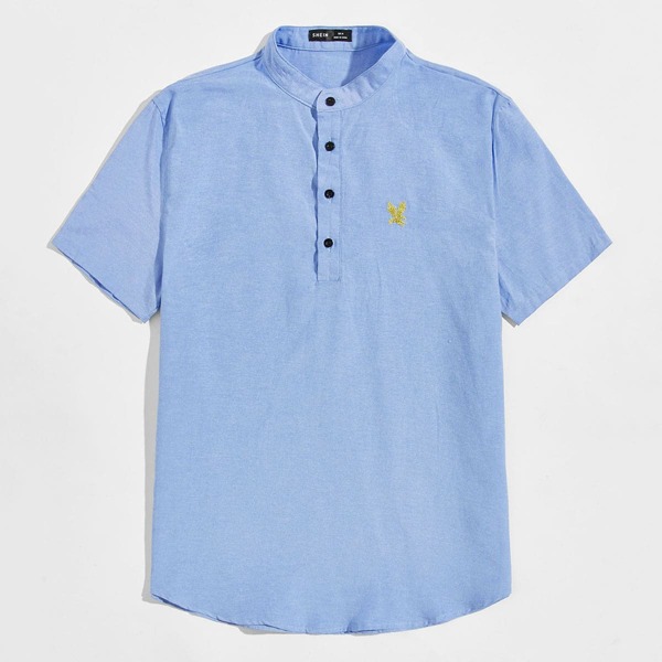 

Men Eagle Embroidered Button Half Placket Top, Blue