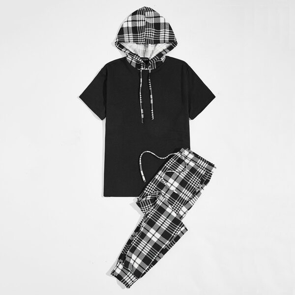

Men Plaid Panel Hooded Top and Pants Set, Black and white