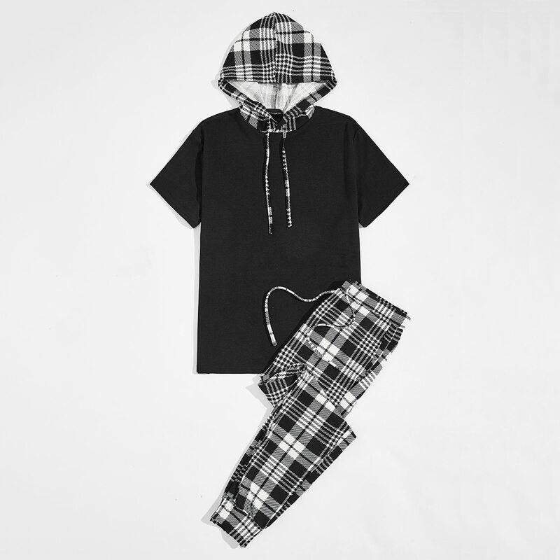 

Guys Plaid Panel Hooded Top and Pants Set, Black and white