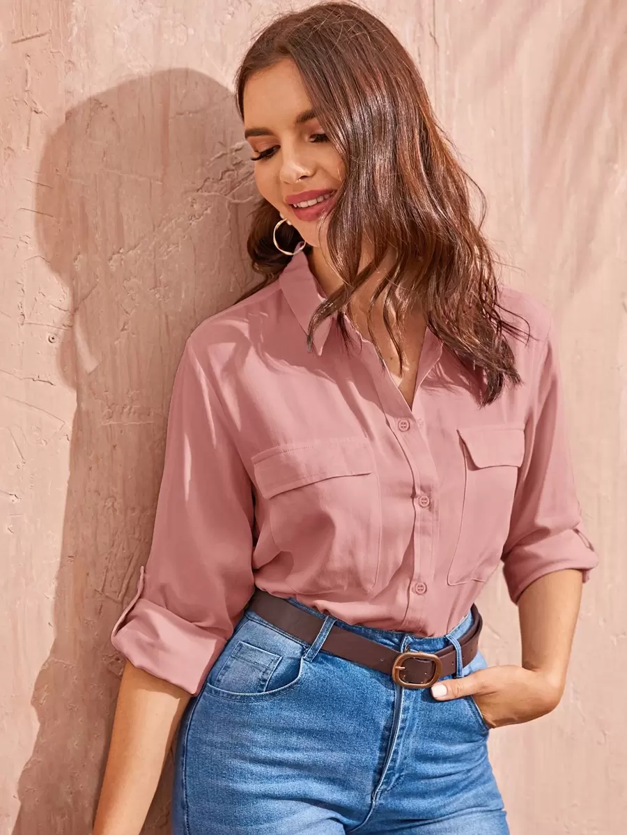 Camisa de manga de doblez con bolsillos con solapa - Rosa vieja - Ver 1