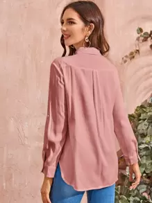 Camisa de manga de doblez con bolsillos con solapa - Rosa vieja - Ver 2