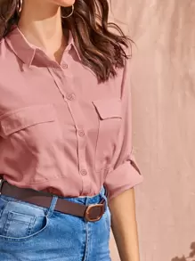 Camisa de manga de doblez con bolsillos con solapa - Rosa vieja - Ver 5