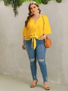 SHEIN LUNE Plus V-neck Tie Hem Button Front Blouse