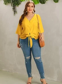 SHEIN LUNE Plus V-neck Tie Hem Button Front Blouse