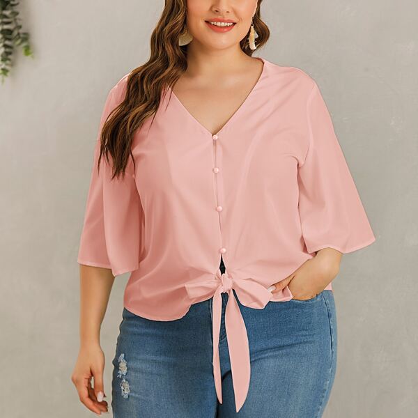 

Plus V-neck Tie Hem Button Front Blouse, Baby pink