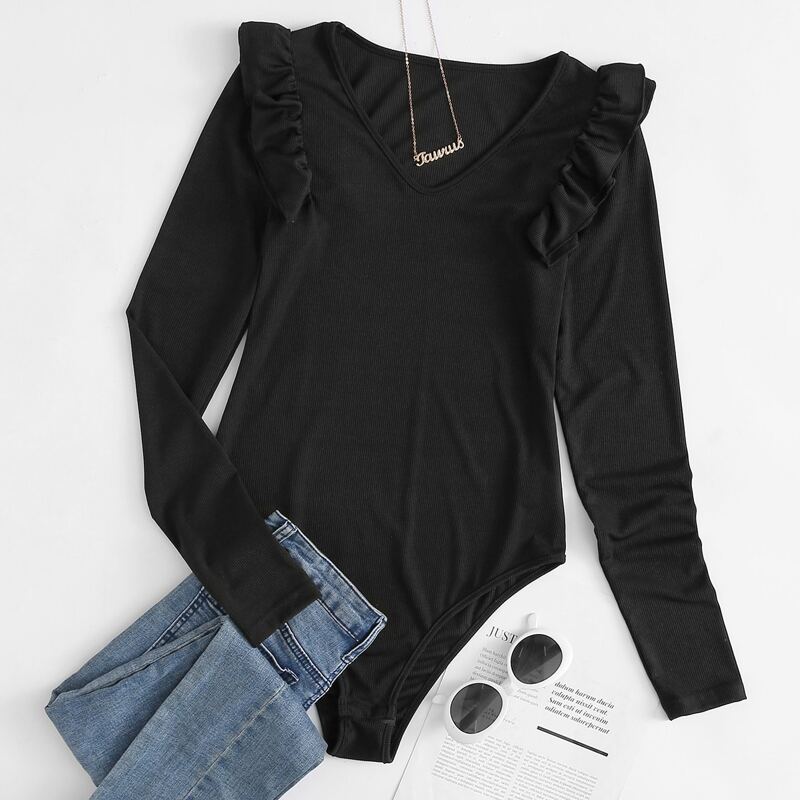 

V-neck Ruffle Trim Rib-knit Tee Bodysuit, Black