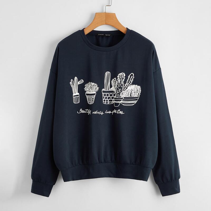 

Letter & Plants Graphic Oversized Sweatshirt, Navy blue