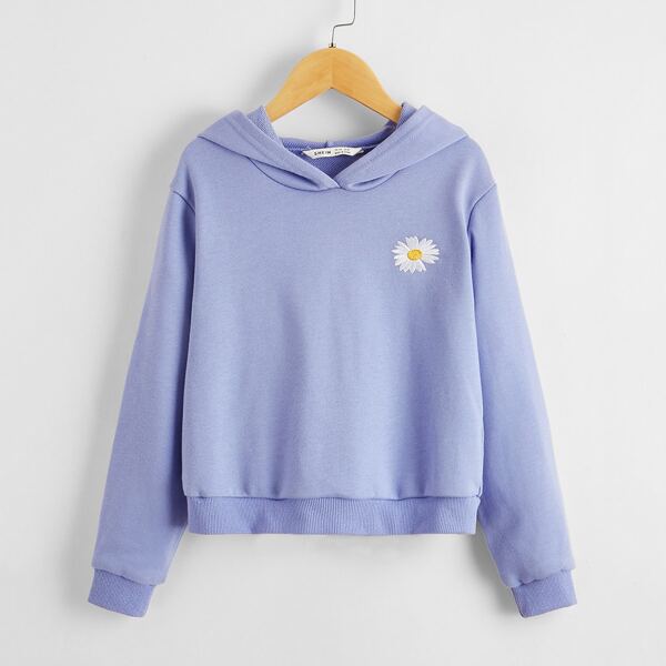 

Girls Daisy Floral Embroidered Hoodie, Blue pastel