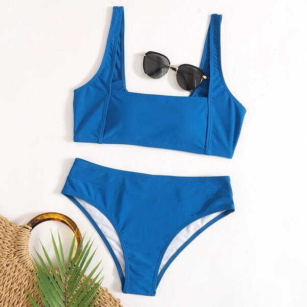 

Plain Square Neck Bikini Swimsuit, Blue