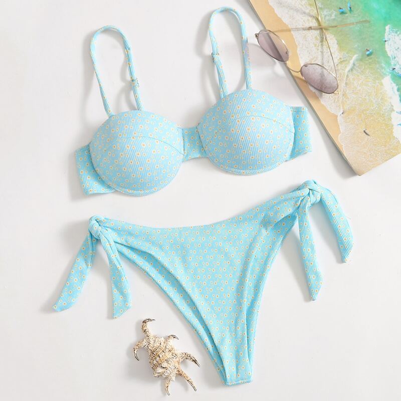 

Ditsy Floral Push Up Tie Side Bikini Swimsuit, Pastel baby blue