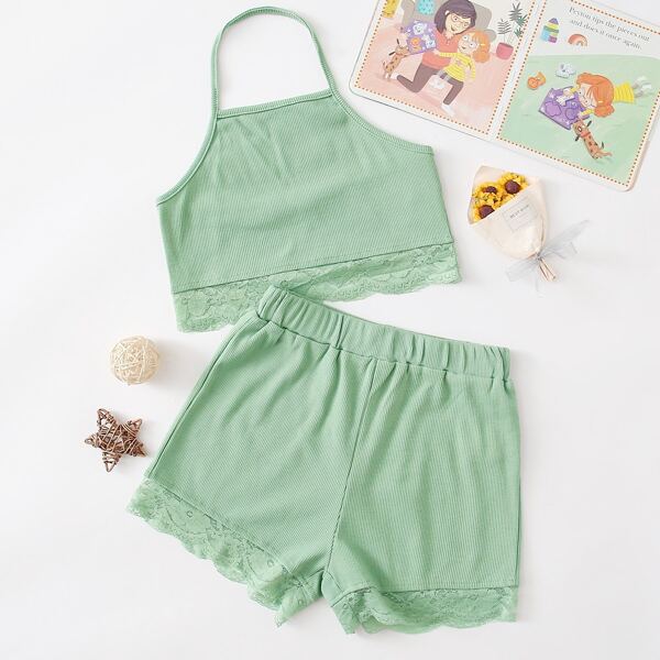 

Girls Lace Hem Rib-knit Halter Top & Shorts PJ Set, Mint green