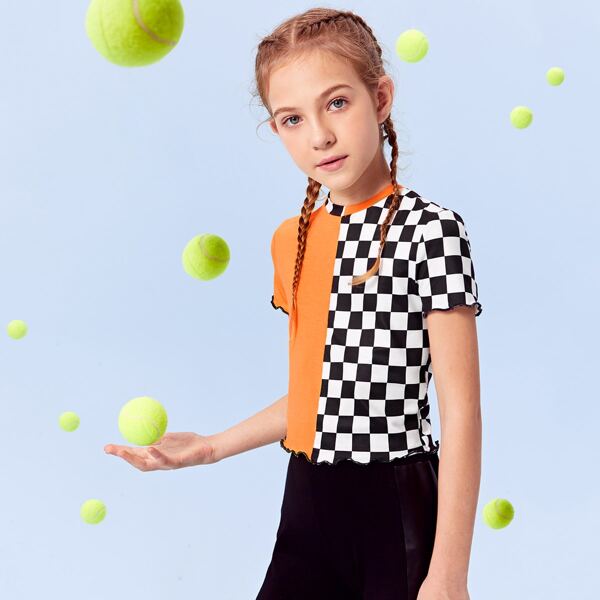 

Girls Lettuce Trim Checker Spliced Top, Multicolor