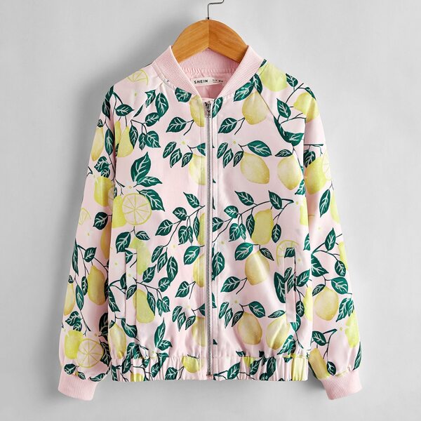 

Girls Lemon Print Raglan Sleeve Bomber Jacket, Multicolor