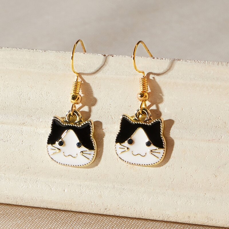 

Cat Design Drop Earrings, Black and white