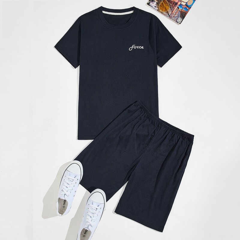 

Guys Letter Graphic Tee With Shorts PJ Set, Navy blue