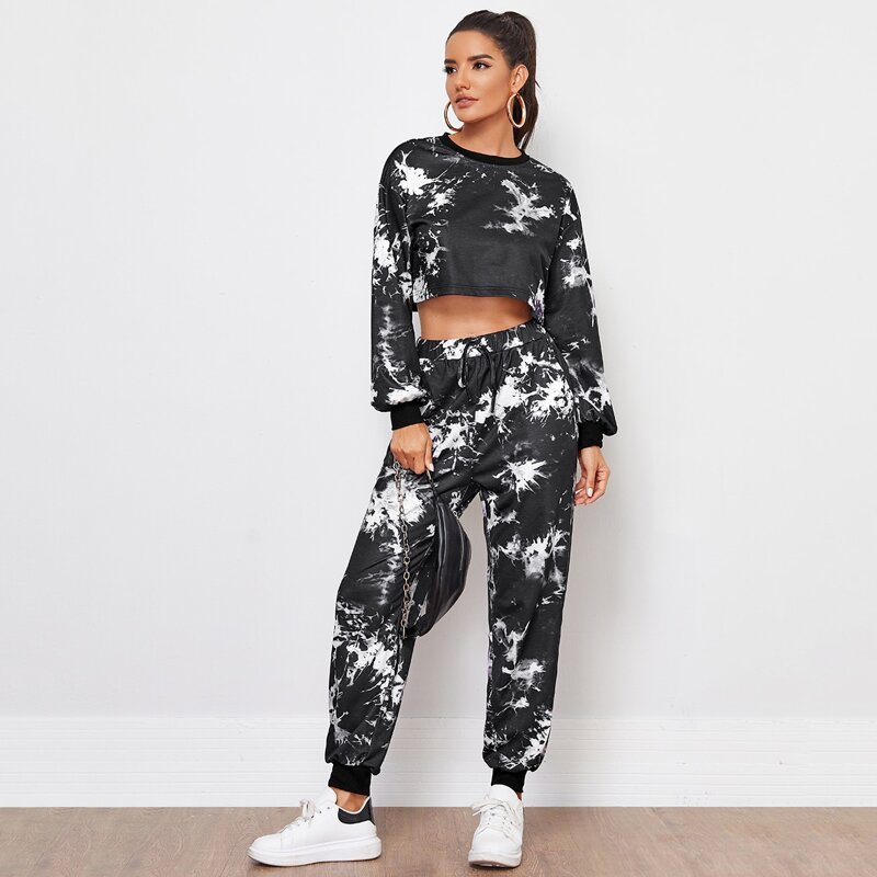 

Drop Shoulder Tie Dye Crop Top & Sweatpants Set, Black and white