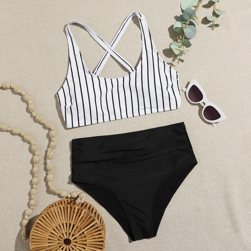 

Striped Cross Back High Waisted Bikini Swimsuit, Black and white