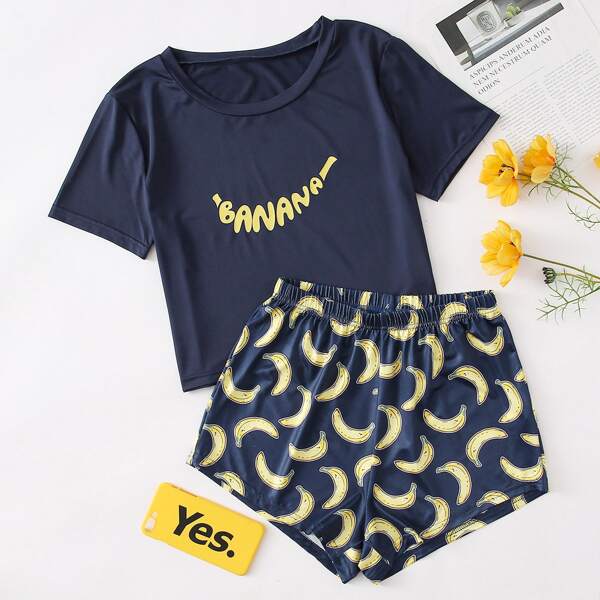 

Letter & Banana Print PJ Set, Navy blue