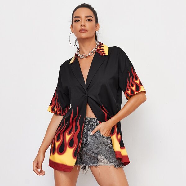 

Lapel Neck Fire Print Blouse, Black