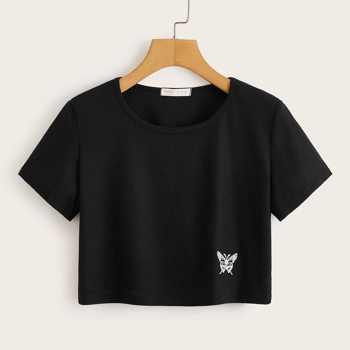 

Butterfly Embroidery Ribbed Crop Tee, Black
