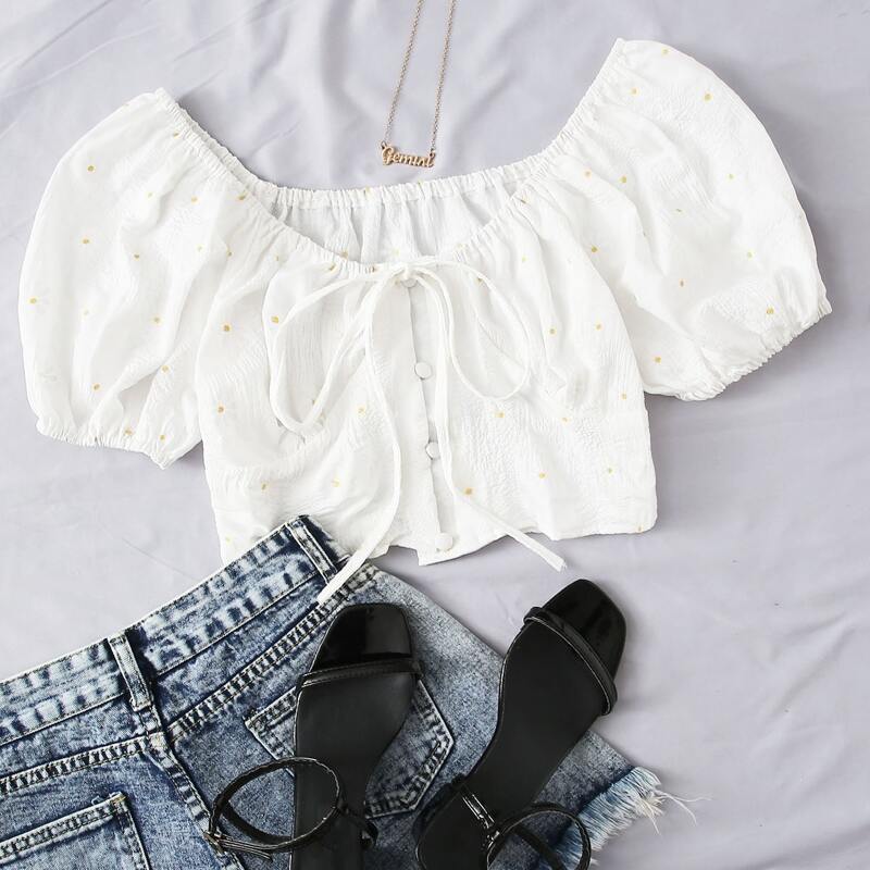 

Dots Print Knot Button Front Crop Top, White
