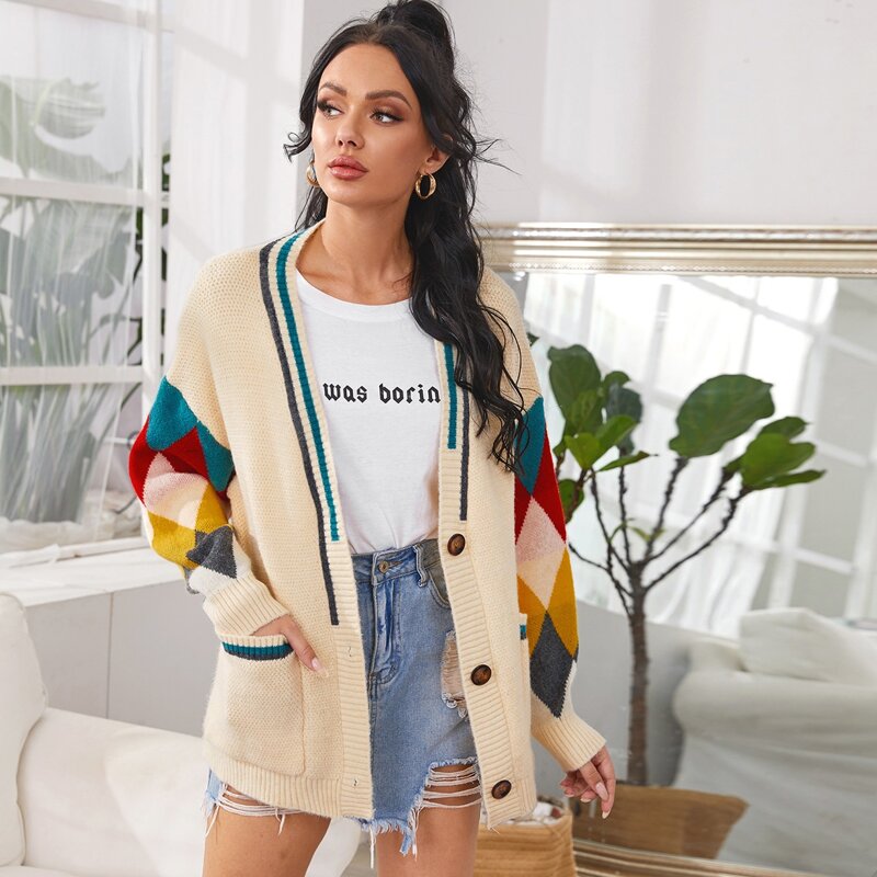 

Striped Argyle Pattern Button Through Cardigan, Beige