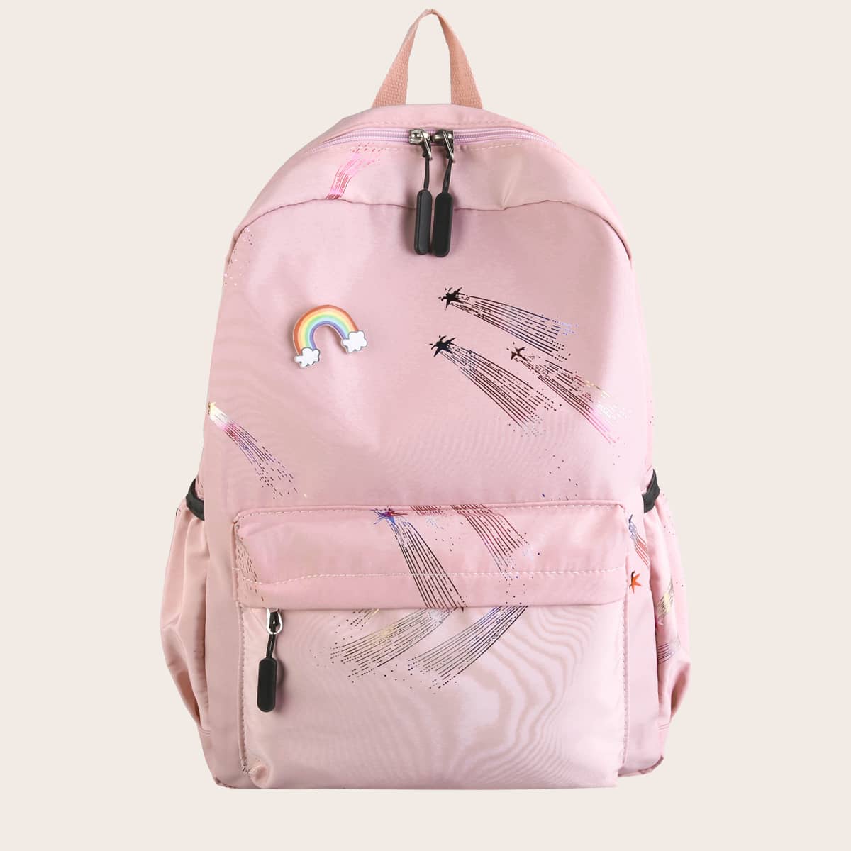 

Pocket Front Cartoon Graphic Backpack, Pink