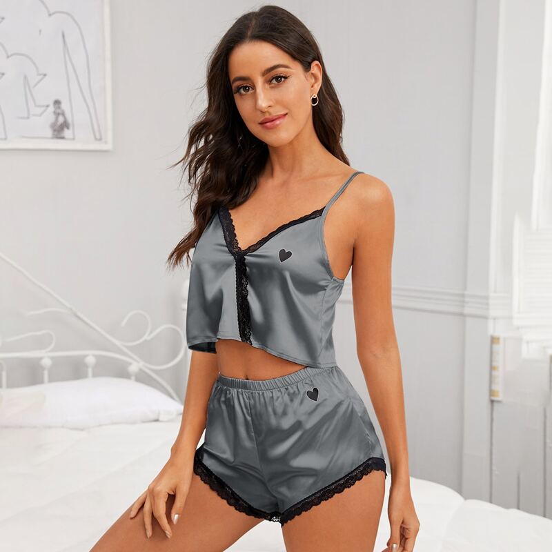 

Heart Print Lace Trim Satin Pajama Set, Dark grey