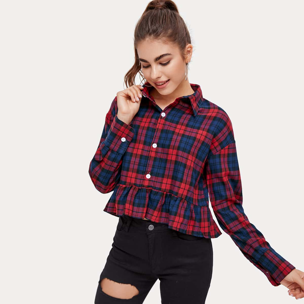 

Plaid Ruffle Hem Button Front Blouse, Multicolor