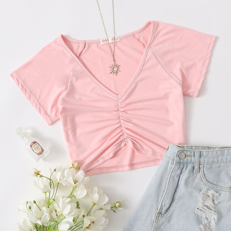 

V-neck Ruched Front Tee, Baby pink