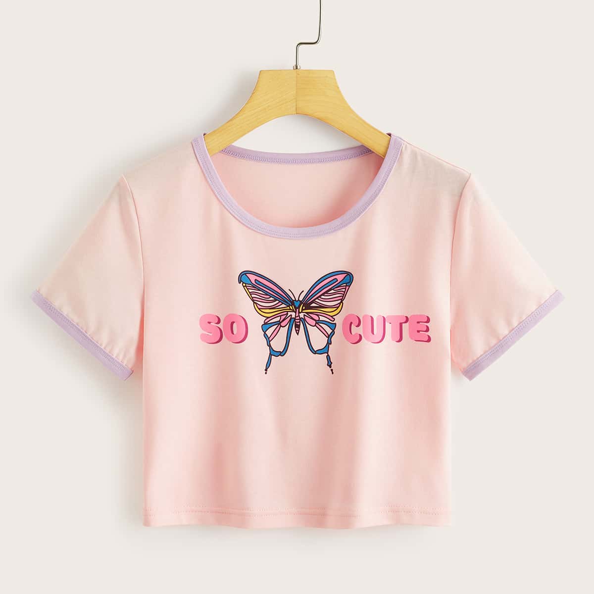 

Butterfly & Letter Ringer Tee, Baby pink