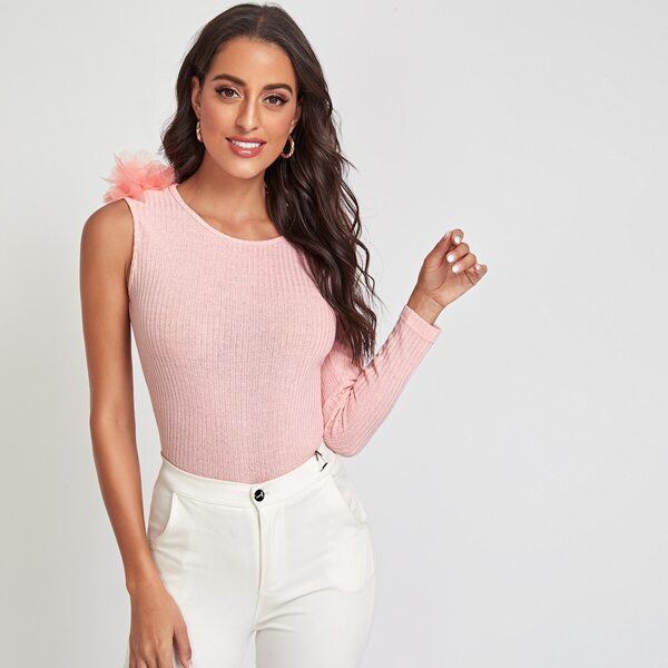 

Flower Applique One Sleeve Tee, Baby pink