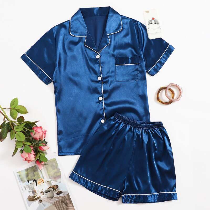 

Contrast Piping Satin PJ Set, Blue