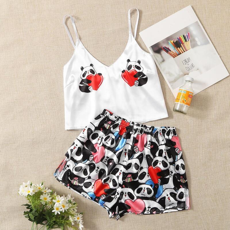 

Panda & Heart Print Satin PJ Set, Multicolor