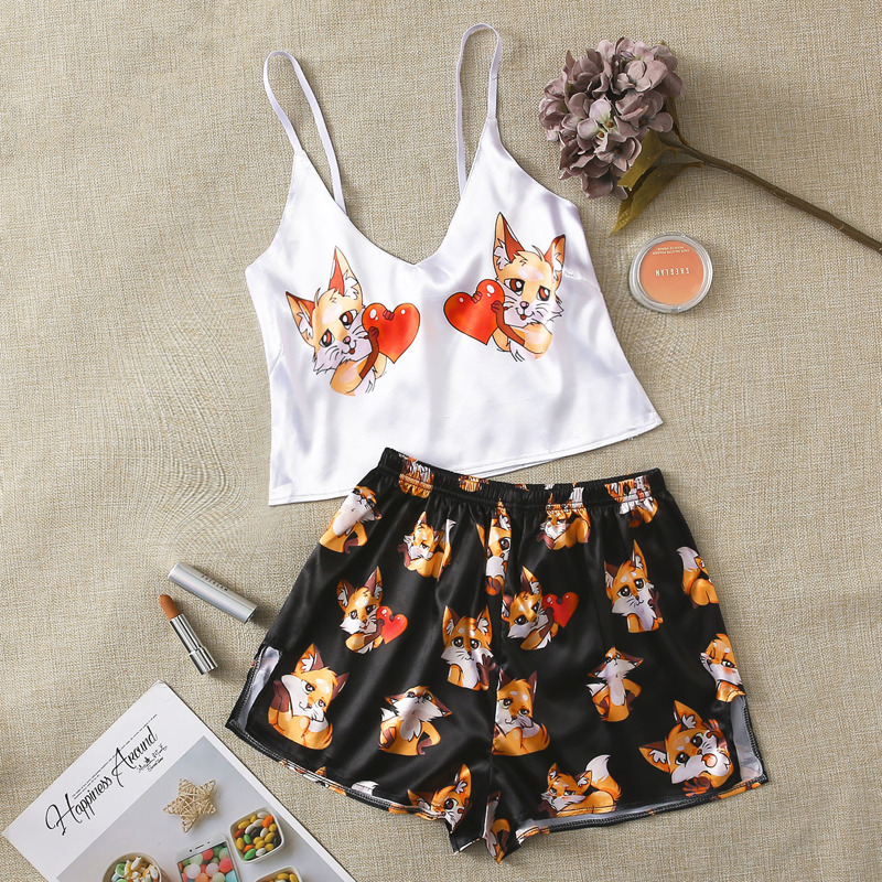 

Fox & Heart Print Satin PJ Set, Multicolor