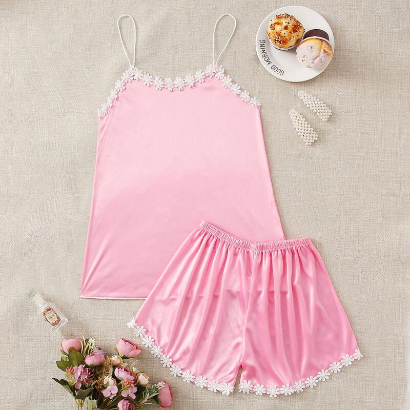 

Floral Lace Trim Satin PJ Set, Baby pink