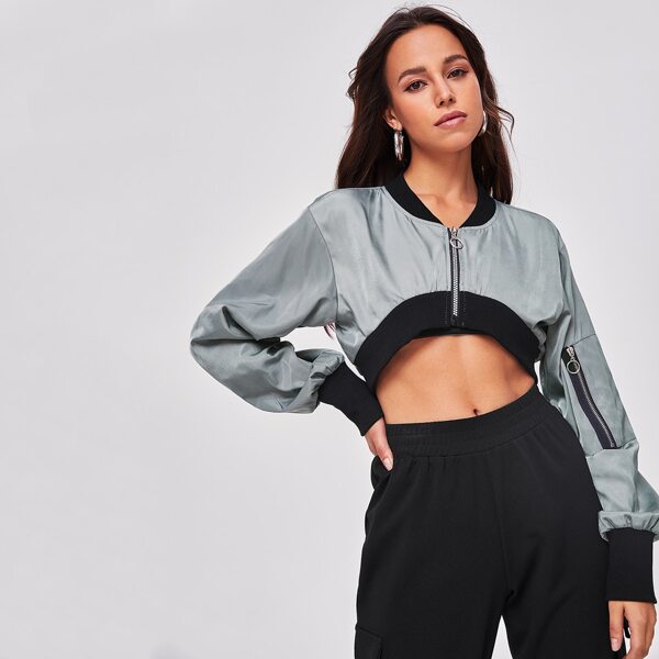 

Drop Shoulder Zip Up Crop Bomber Jacket, Grey
