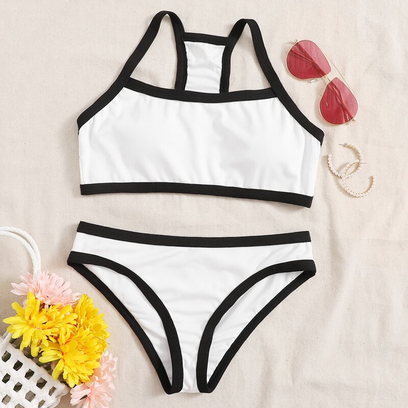

Ribbed Contrast Binding Bikini Swimsuit, White