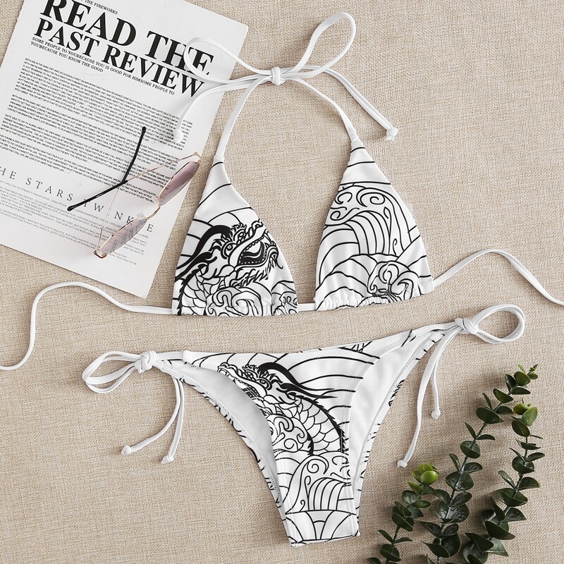 

Chinese Dragon Tie Side Bikini Swimsuit, White
