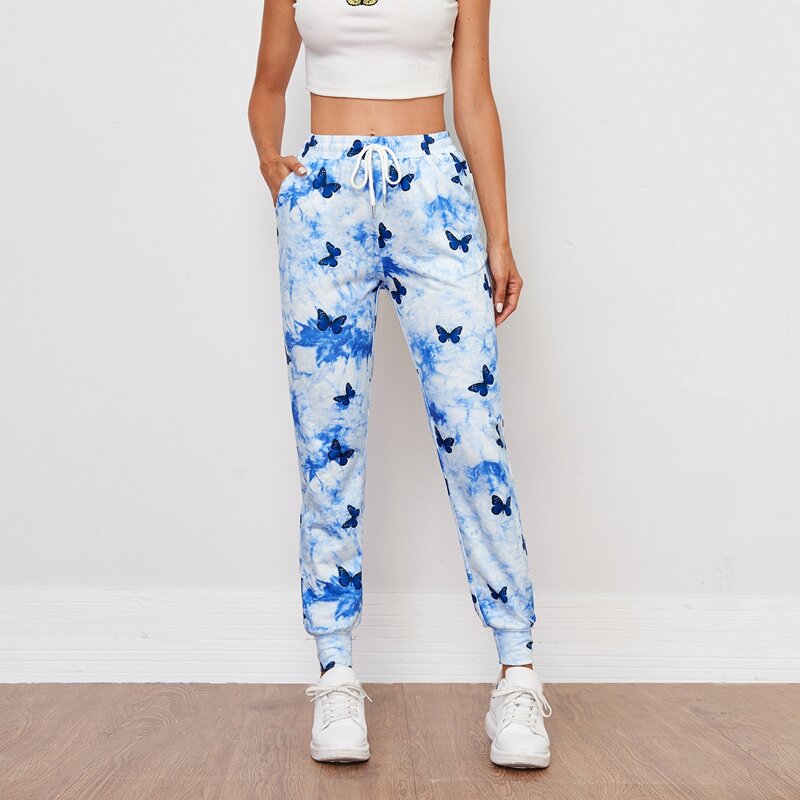 

Drawstring Waist Tie Dye Butterfly Print Sweatpants, Blue and white