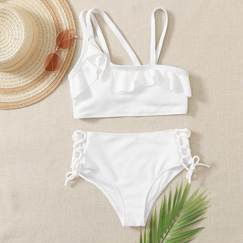 

Asymmetrical Ruffle Lace-up Bikini Swimsuit, White