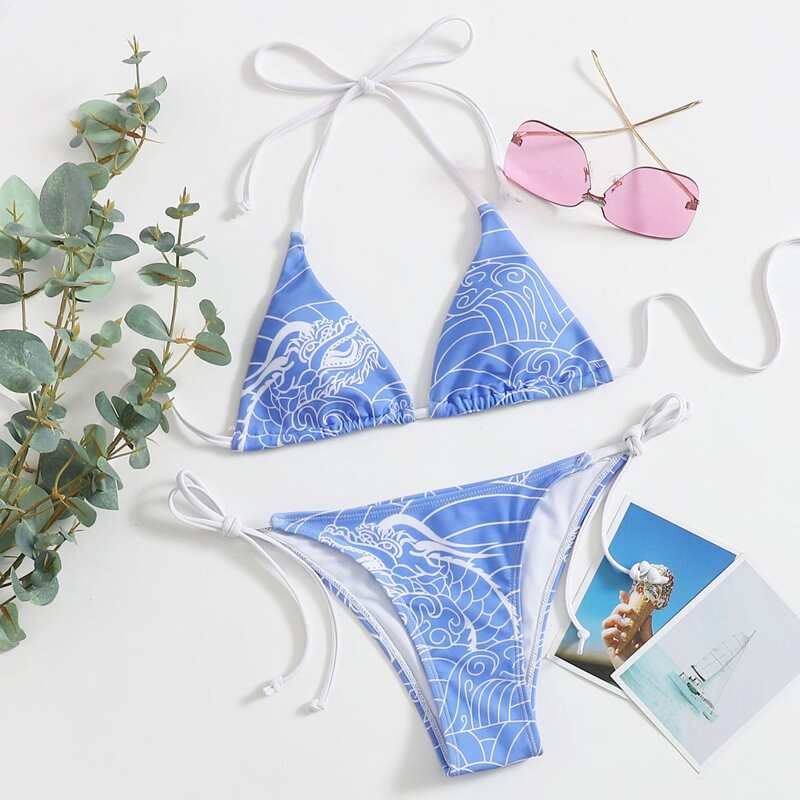 

Chinese Dragon Tie Side Bikini Swimsuit, Blue