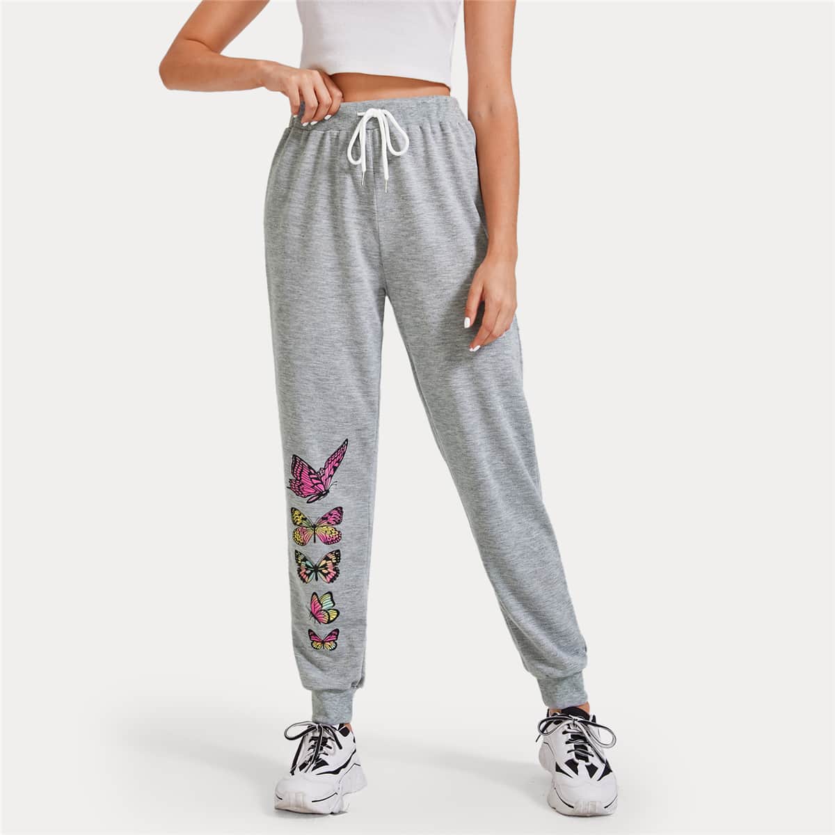 

Butterfly Print Drawstring Sweatpants, Light grey