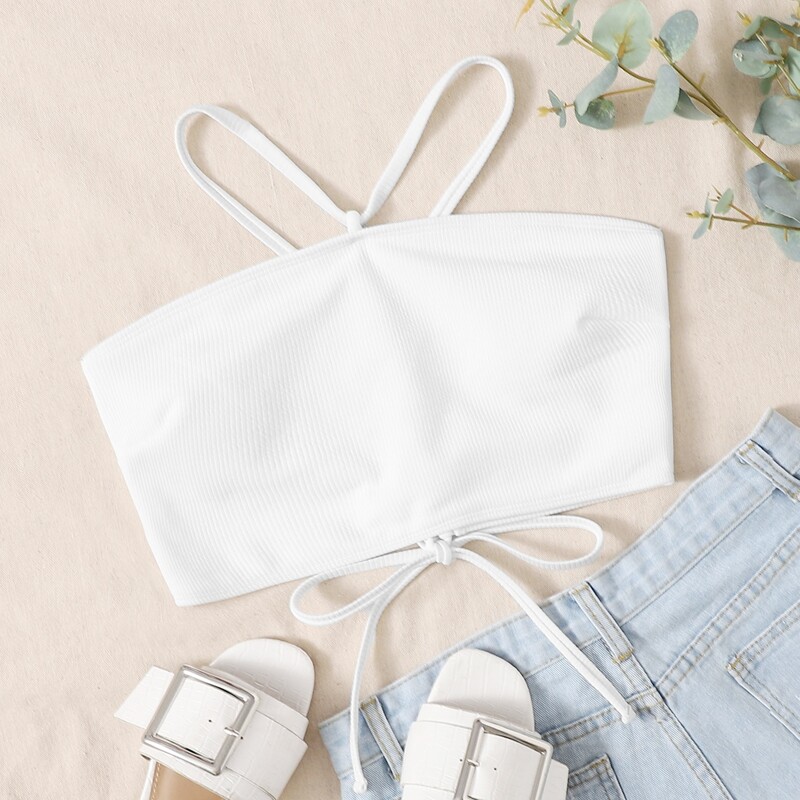 

Ribbed Lace-up Back Bikini Top, White